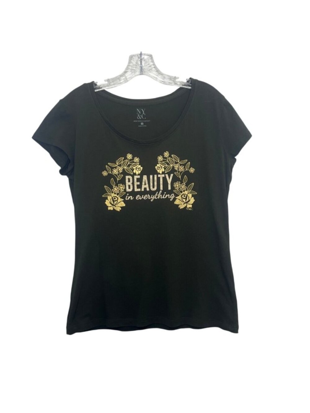 New York & Company Graphic Tshirt Medium Green Gold Beauty is Everything